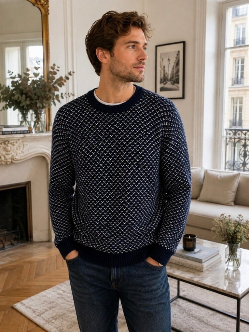 NWT Magaschoni Men's Cotton Knit Crewneck Sweater Navy Patterned Chunky Warm L
